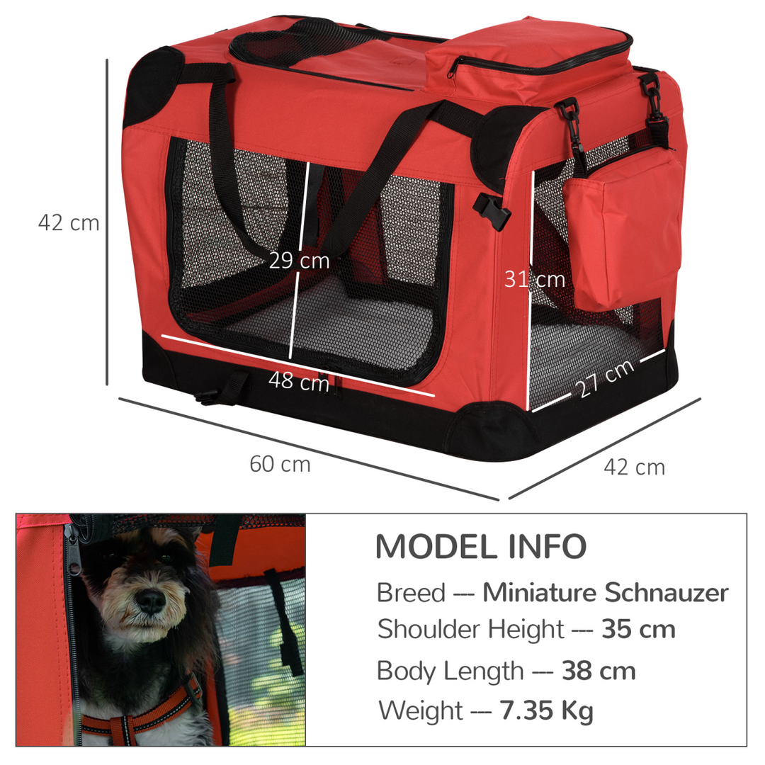 PawHut Folding Pet Carrier Bag, Soft Portable Travel Crate with Washable Bed – Red (60 × 42 × 42cm)