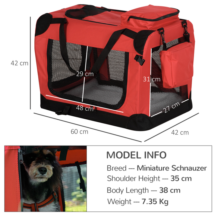 PawHut Folding Pet Carrier Bag, Soft Portable Travel Crate with Washable Bed – Red (60 × 42 × 42cm)