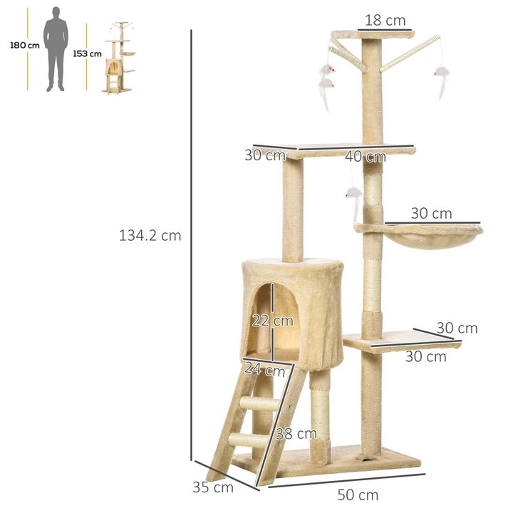 Deluxe Cat Tree Condo: Activity Center with Scratching Post & Toys - Beige 131cm