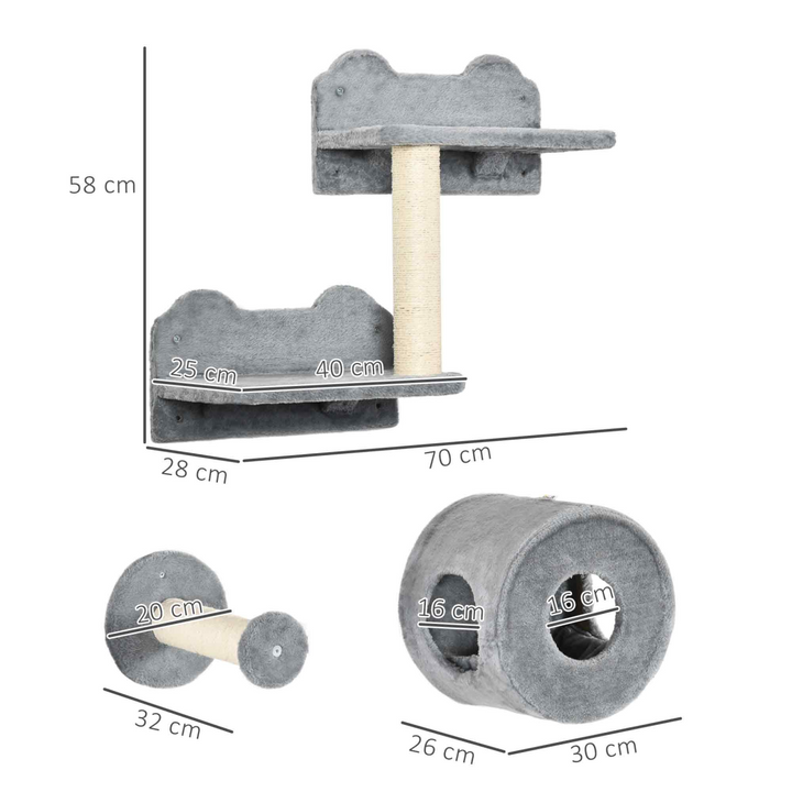 5-Piece Wall-Mounted Cat Tree with Tunnel, Perches & Scratching Posts – Modern Cat Wall Furniture (Grey)