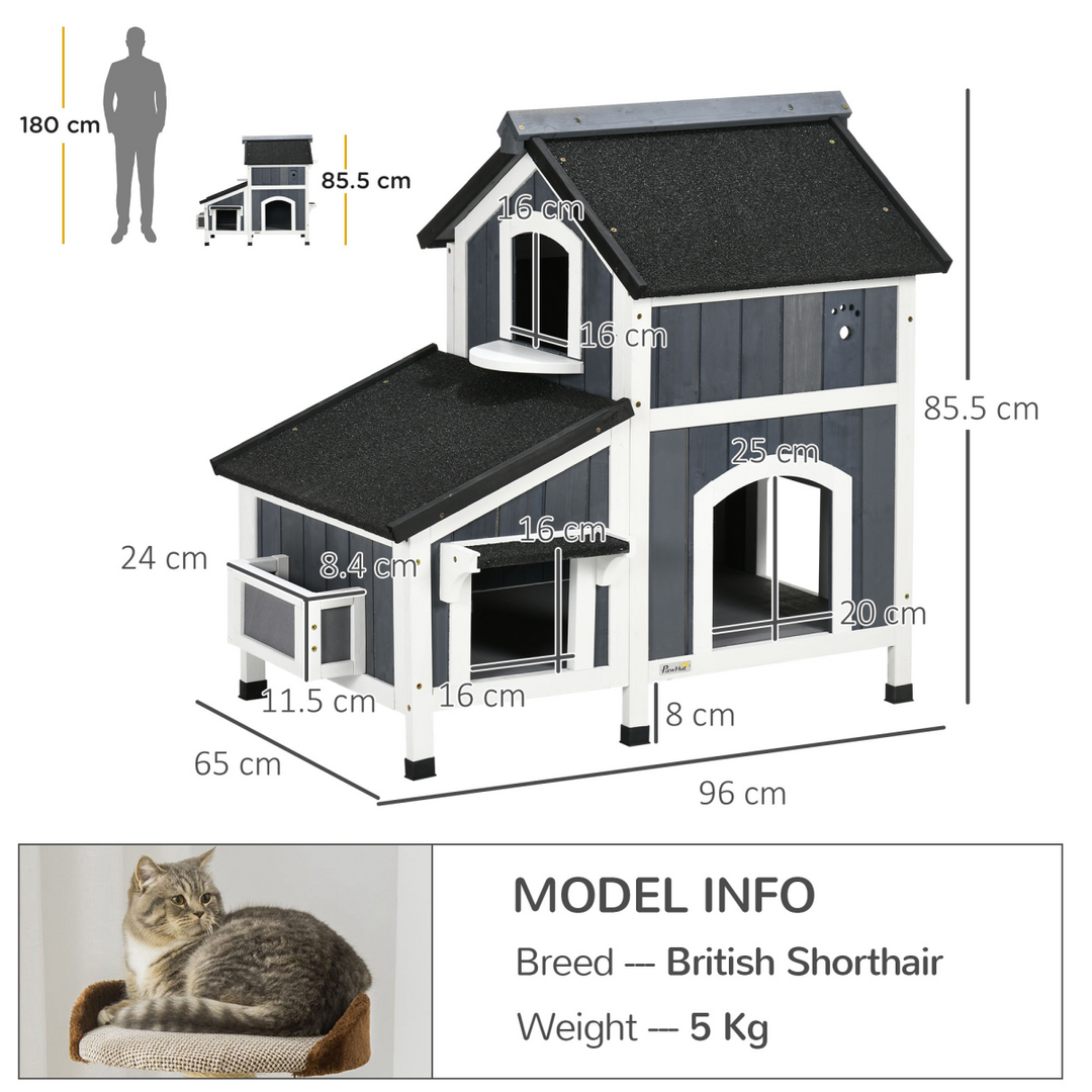 PawHut Wooden Outdoor Cat House with Flower Pot, Window &amp; Multiple Entrances – Grey