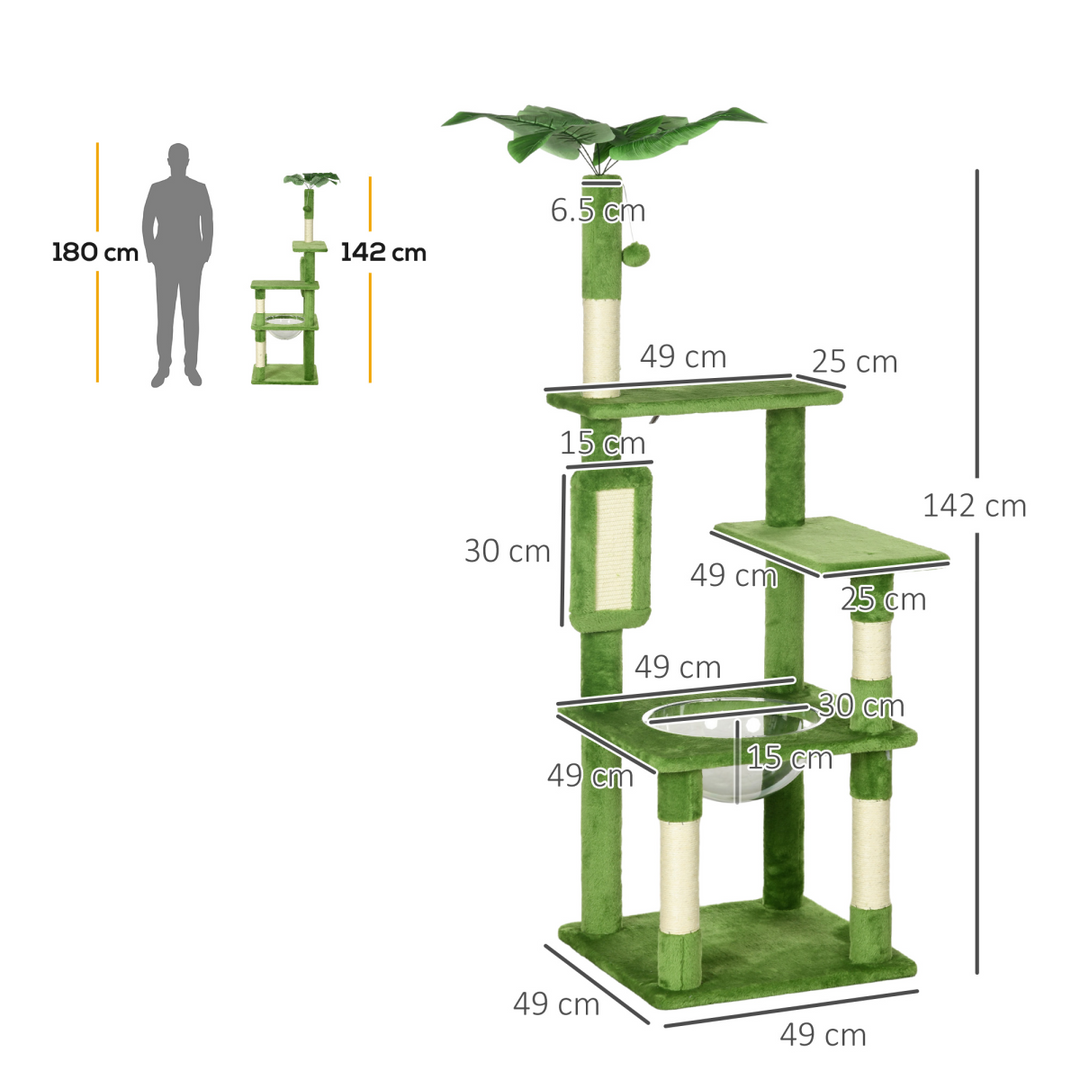 PawHut 142cm Cat Tree Tower with Scratching Post Hammock Ball Platforms Green
