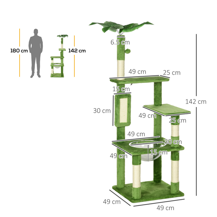 PawHut 142cm Cat Tree Tower with Scratching Post Hammock Ball Platforms Green