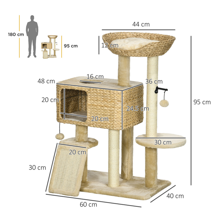 PawHut 95cm Cat Tree – Cozy Climbing Tower with Scratching Post & Play Ball (Beige)