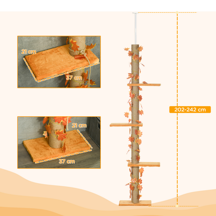 Sturdy 242cm Adjustable Cat Tree - Ultimate Floor-to-Ceiling Fun in Orange!