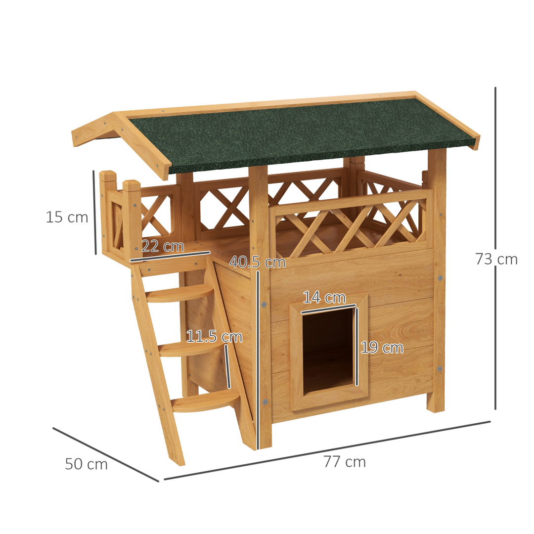 PawHut Cozy Outdoor Cat House with Balcony & Weatherproof Roof