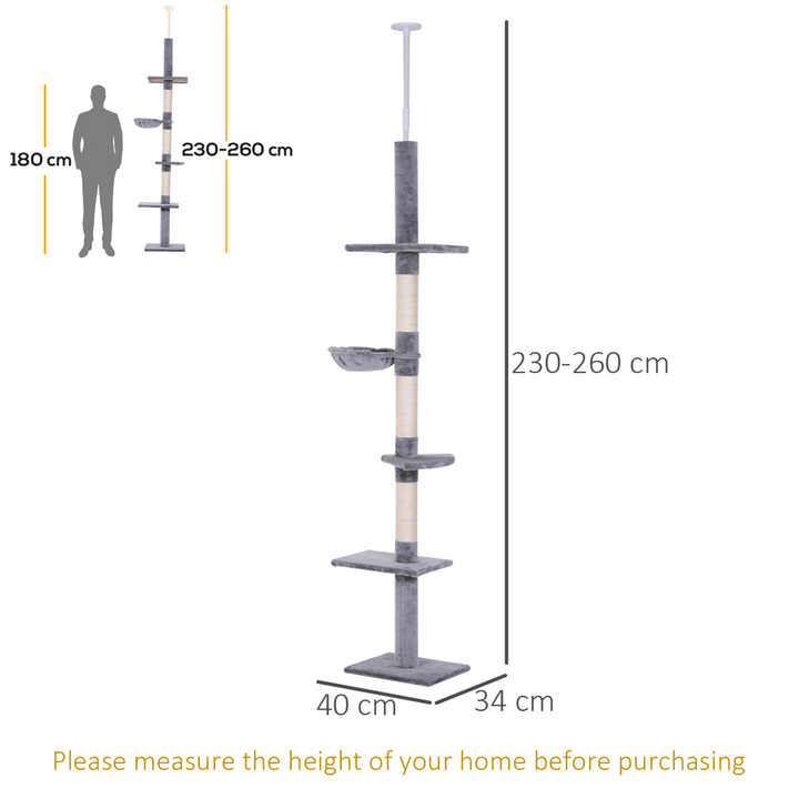 Cat Tree Scratching 5-Tier Kitty Tower  Floor to Ceiling  Adjustable Pawhut