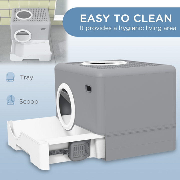 PawHut Enclosed Cat Litter Box - Front Entry, Top Exit, Easy Clean, Grey