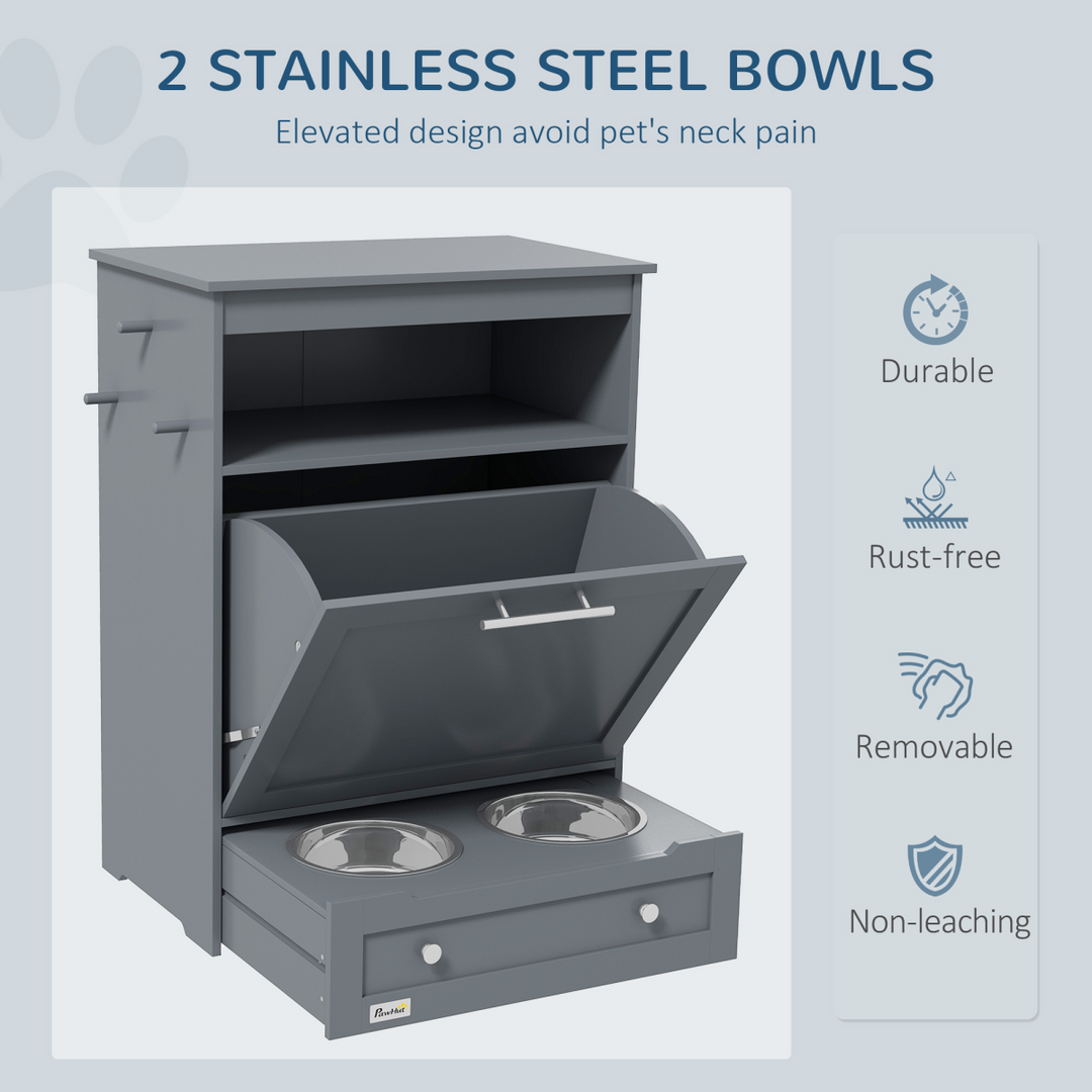 PawHut Pet Feeder Station with Storage Cabinet, Open Compartment, Side Hooks &amp; 2 Bowls – Grey (82cm