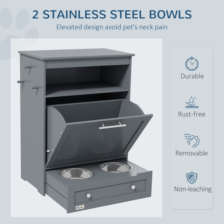 PawHut Pet Feeder Station with Storage Cabinet, Open Compartment, Side Hooks &amp; 2 Bowls – Grey (82cm