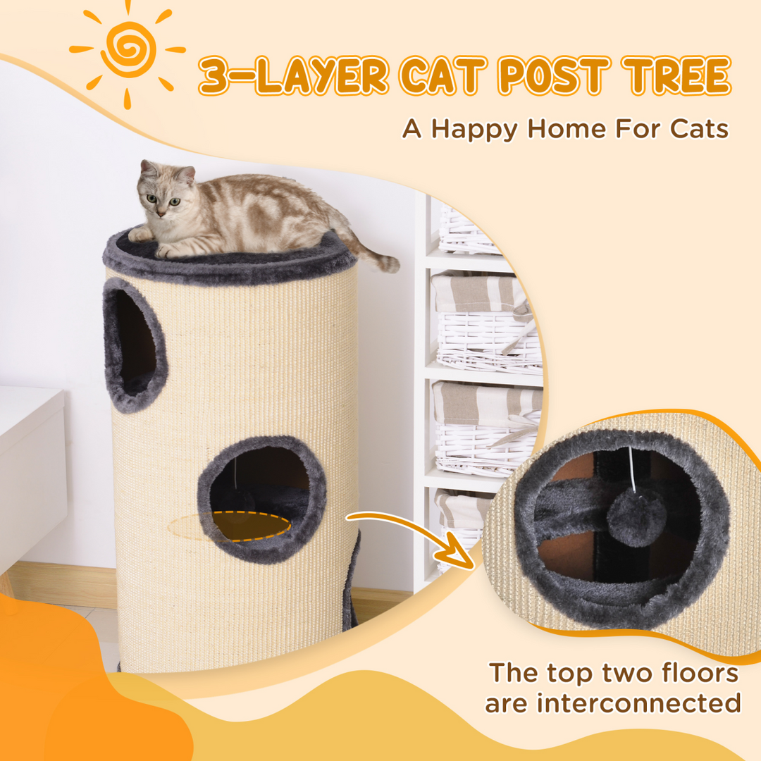 PawHut Cat Scratching Barrel with Sisal &amp; Observation Deck – 3 Dens Activity Centre