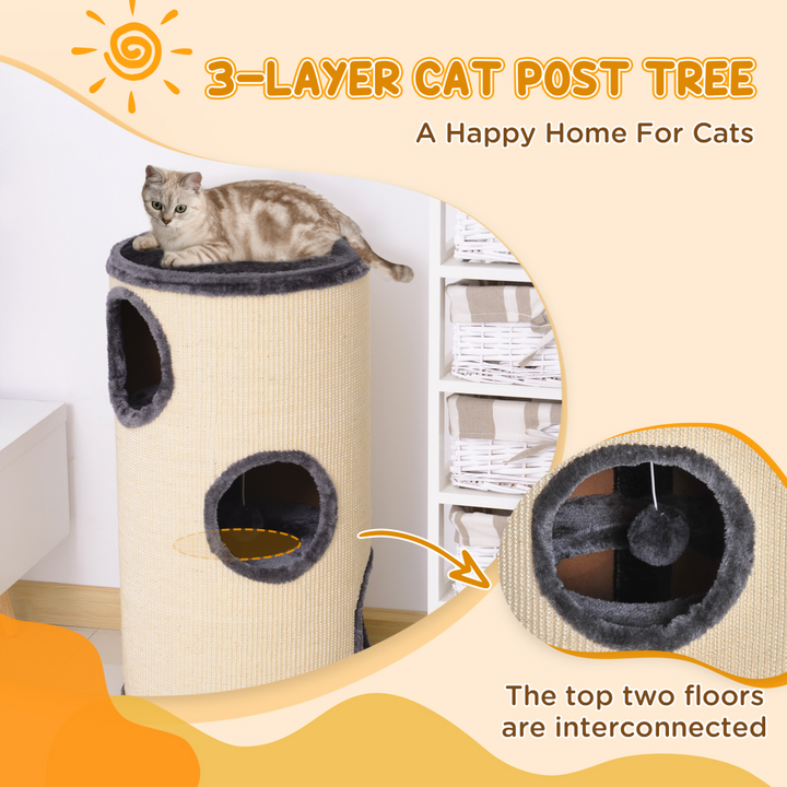 PawHut Cat Scratching Barrel with Sisal &amp; Observation Deck – 3 Dens Activity Centre
