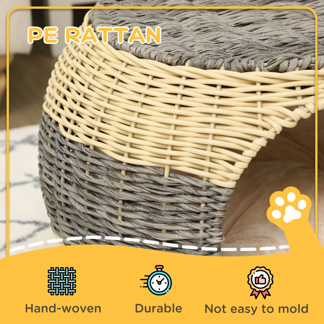 PawHut Wicker Cat House, Rattan Raised Cat Bed with Soft Cushion – Compact Design