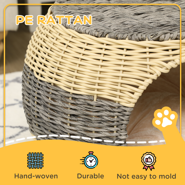 PawHut Wicker Cat House, Rattan Raised Cat Bed with Soft Cushion – Compact Design