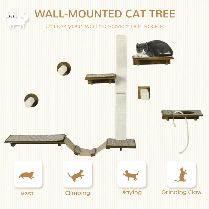 Ultimate PawHut Wall-Mounted Cat Shelves Set - 8 Versatile Pieces in Brown