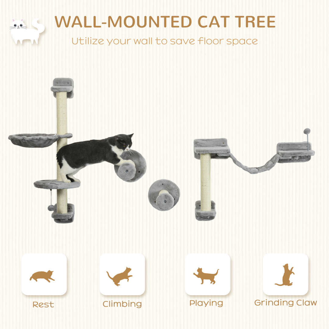 PawHut Wall-Mounted Cat Tree – 4-Piece Grey Cat Furniture Set with Hammock, Ladder & Scratching Post