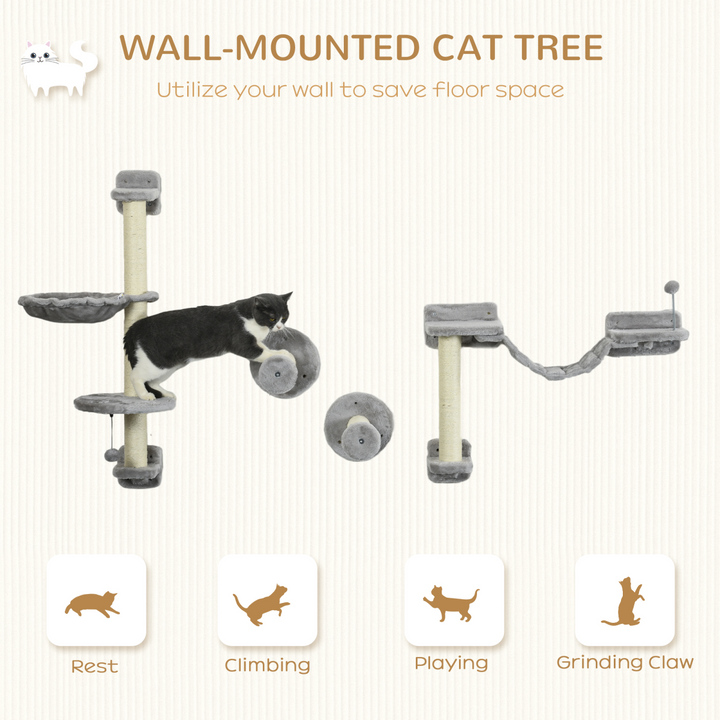 PawHut Wall-Mounted Cat Tree – 4-Piece Grey Cat Furniture Set with Hammock, Ladder & Scratching Post
