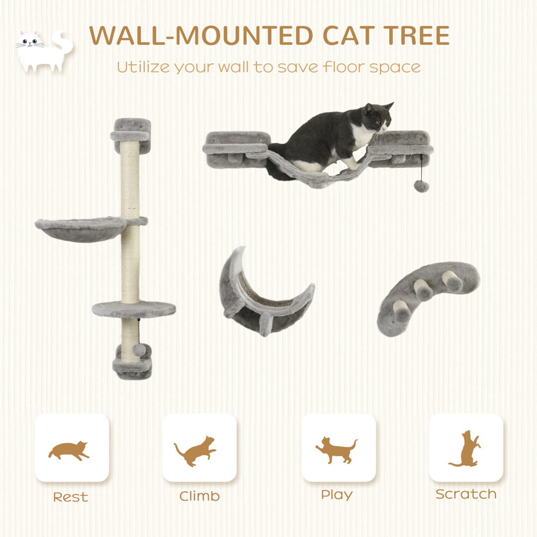 PawHut Cat Wall Furniture Set: 4-Piece Climbing Shelf & Hammock for Happy Cats