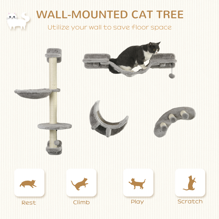 PawHut Cat Wall Furniture Set: 4-Piece Climbing Shelf & Hammock for Happy Cats
