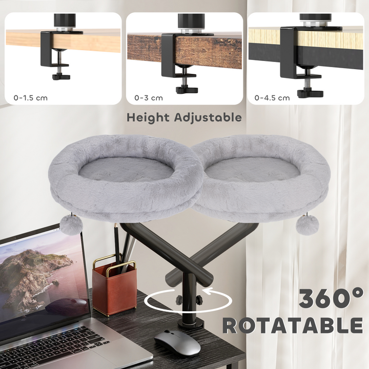 PawHut 360° Rotatable Cat Hammock with Desk Clamp – Grey &amp; Black