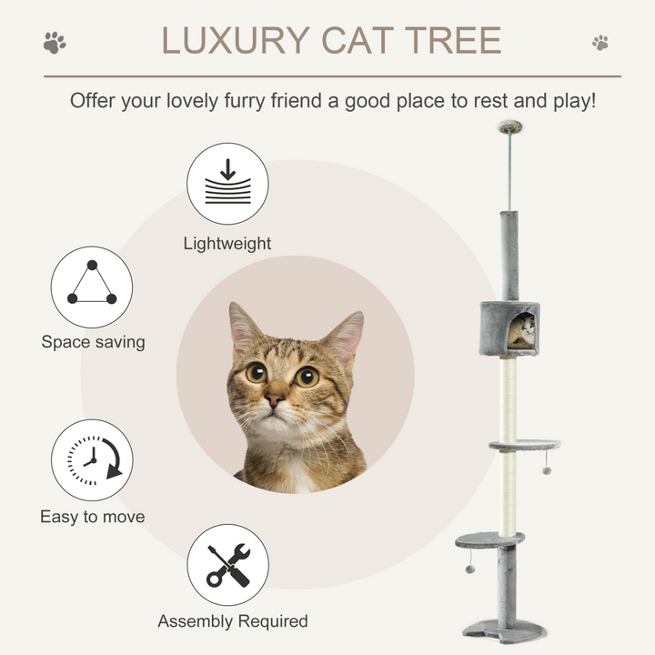 Multi-Level Light Grey Cat Tree with Scratch Post & Fun Play Features
