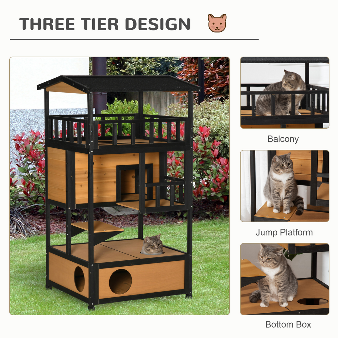 3-Tier Wooden Cat House with Balconies - Outdoor Shelter for Playful Cats
