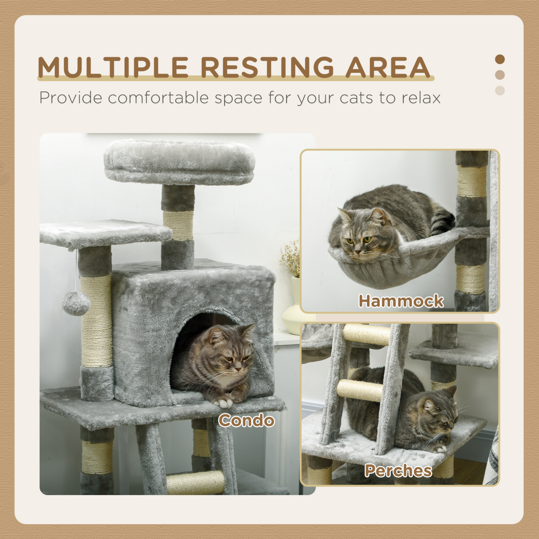 PawHut 132cm Multi-Activity Cat Tree w/ House Baskets Ladder Scratch Post Grey