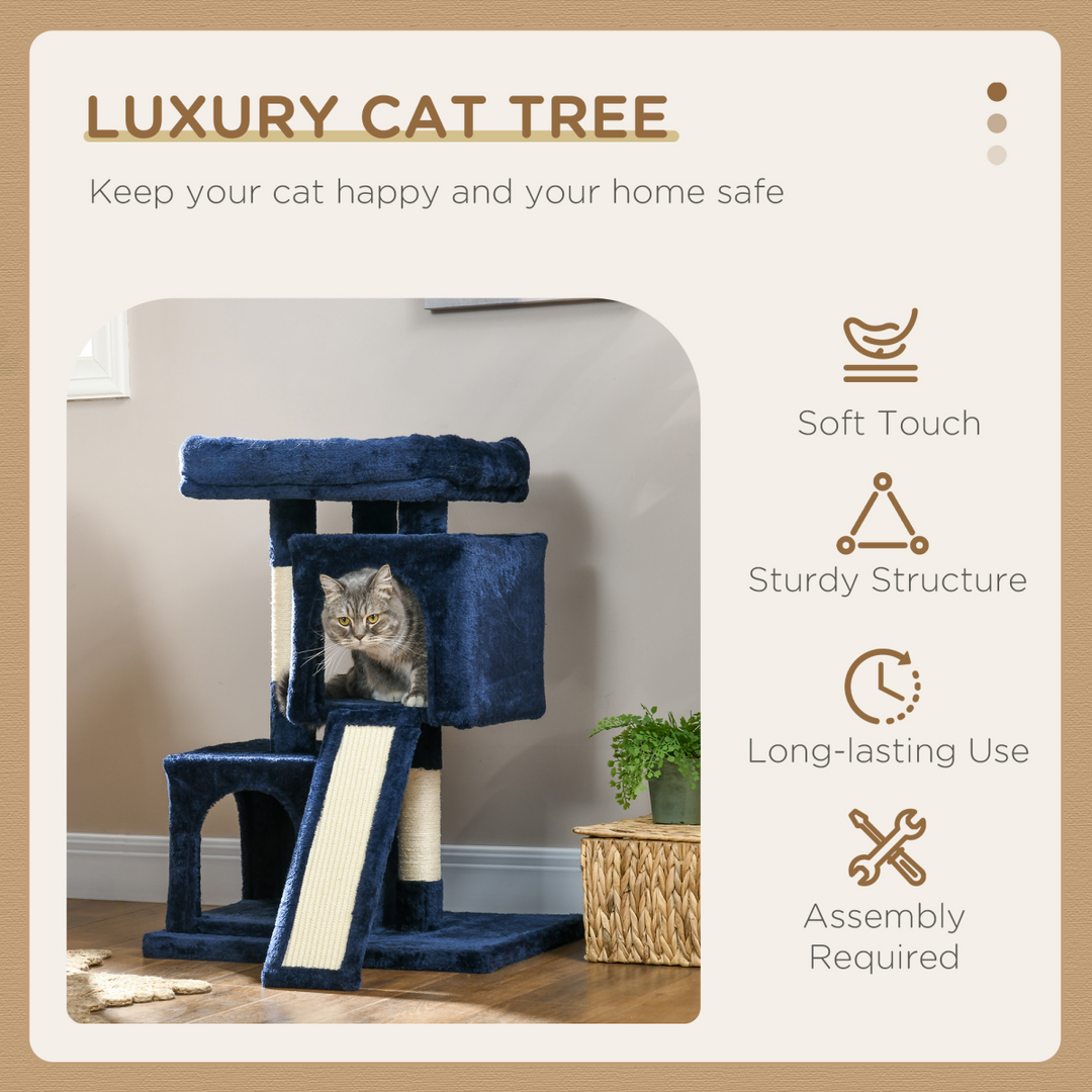Navy Blue Luxury Cat Tree with 2 Houses & Scratching Posts – Perfect Play & Rest!