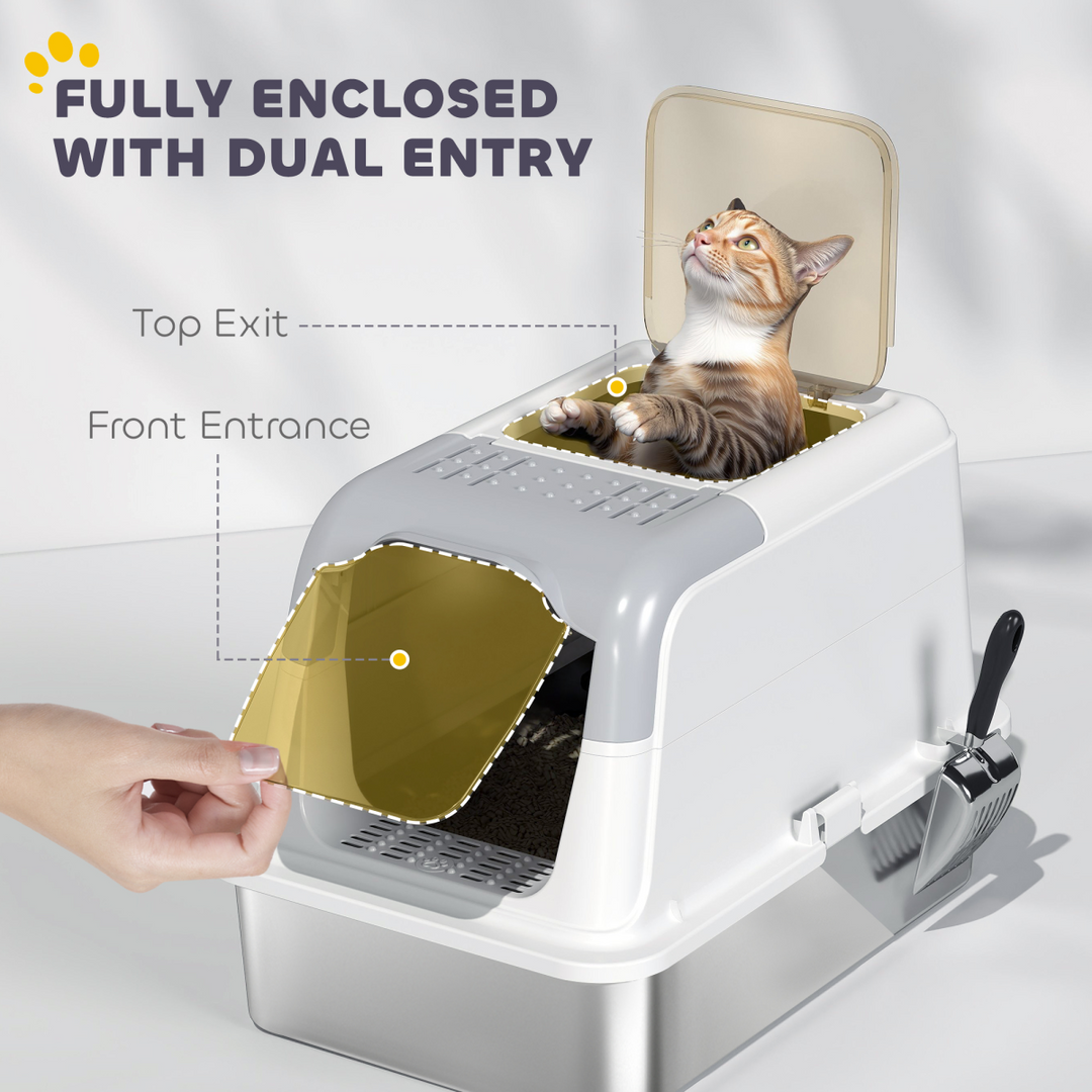 PawHut Stainless Steel Litter Box, Enclosed Metal Litter Tray with Scoop
