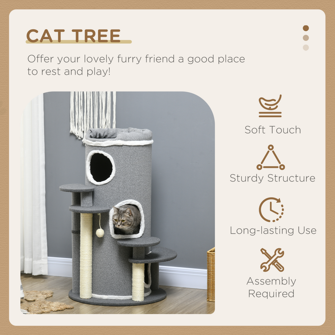 PawHut Cozy Barrel Cat Tree: Stylish Scratching Post & Plush Lookout - Grey
