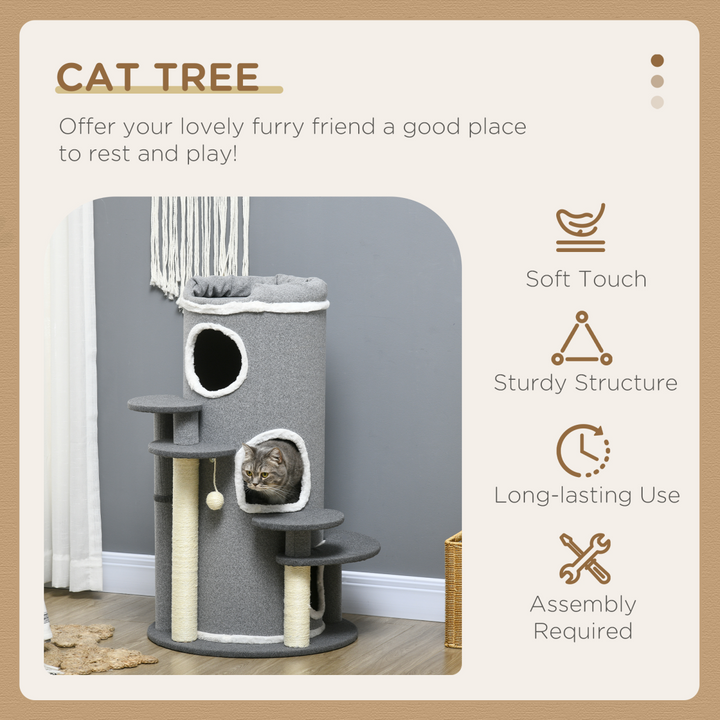 PawHut Cozy Barrel Cat Tree: Stylish Scratching Post & Plush Lookout - Grey