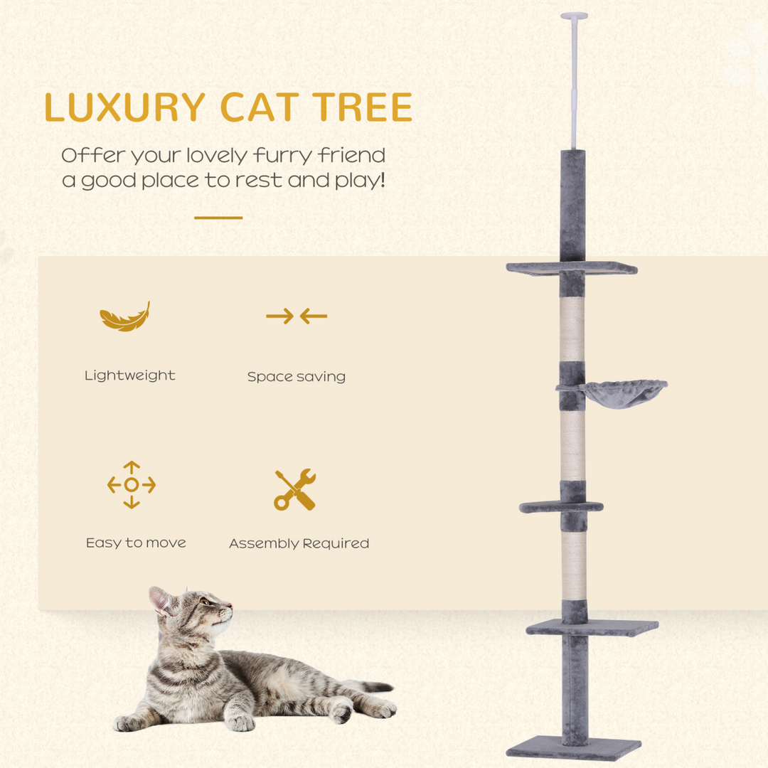 5-Tier Adjustable Cat Tree Tower - Floor to Ceiling Scratching Haven by PawHut!