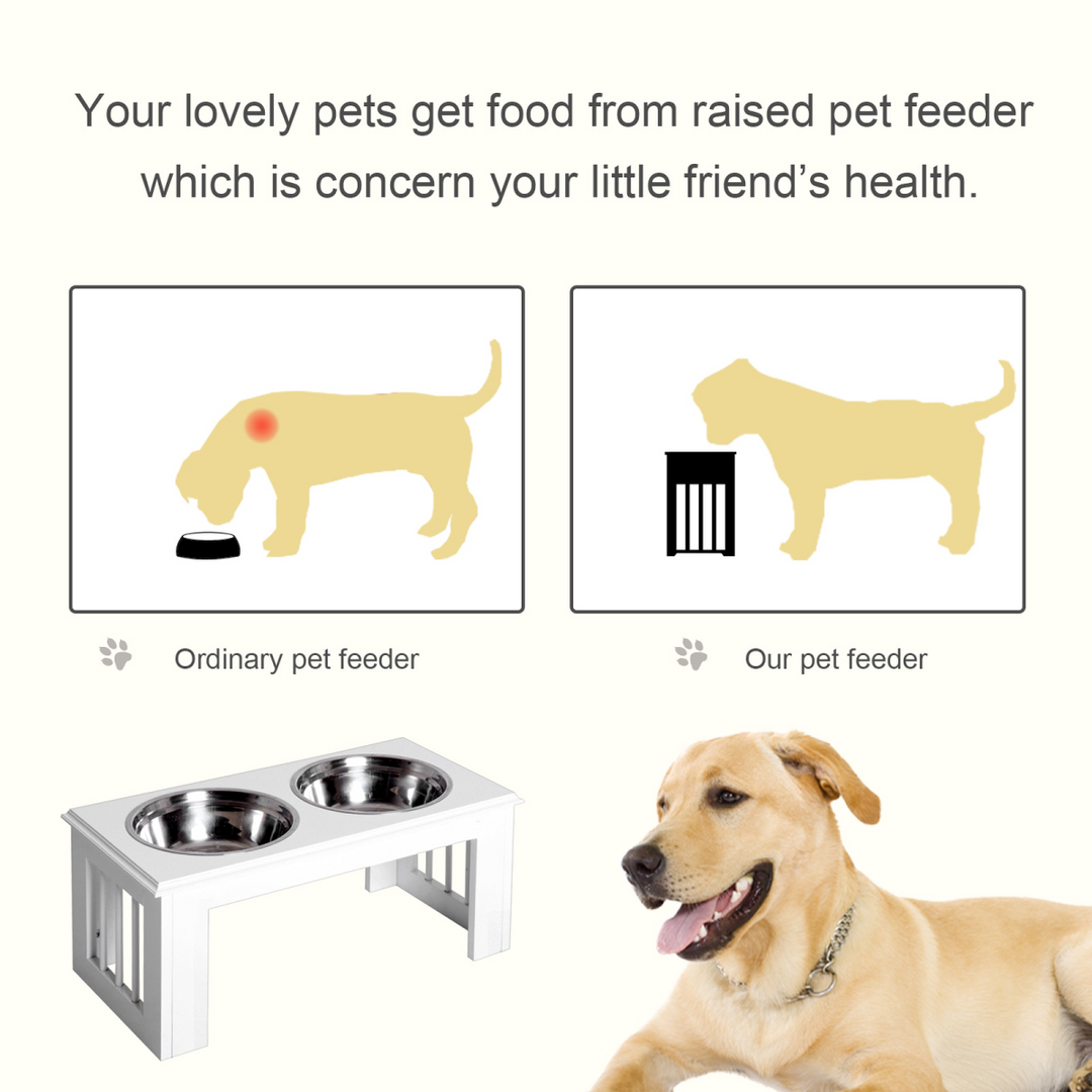 PawHut Raised Pet Feeder with Elevated Stand & 2 Stainless Steel Bowls – White (58.4cm)