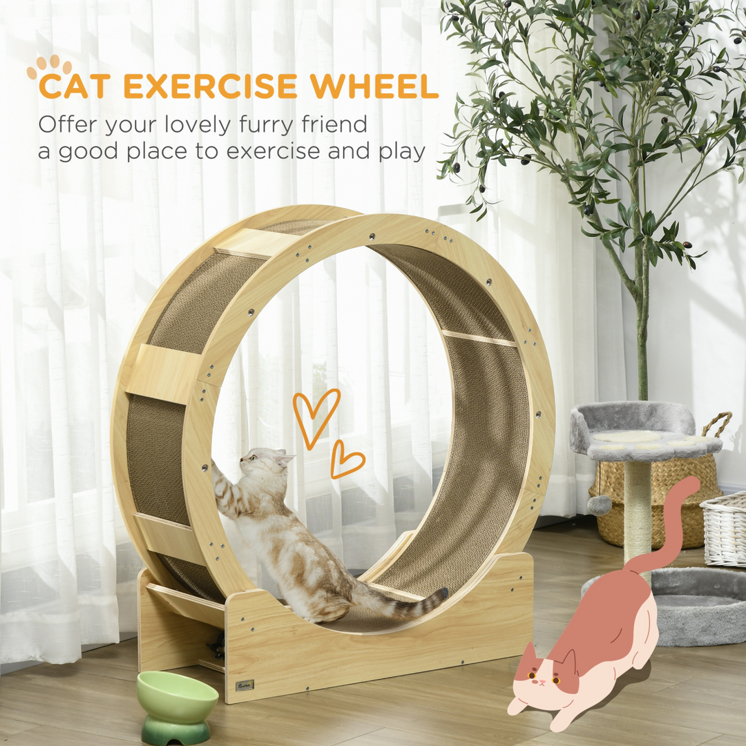 PawHut Cat Exercise Wheel with Safety Brake & Replaceable Scratch Pads – Wooden Cat Running Wheel for Fitness and Fun