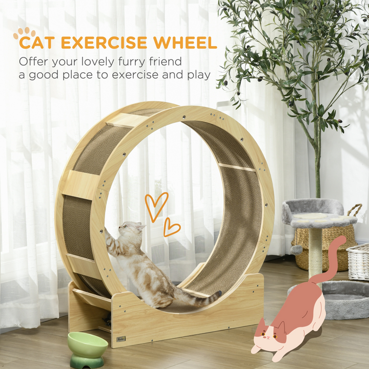 PawHut Cat Exercise Wheel with Safety Brake & Replaceable Scratch Pads – Wooden Cat Running Wheel for Fitness and Fun