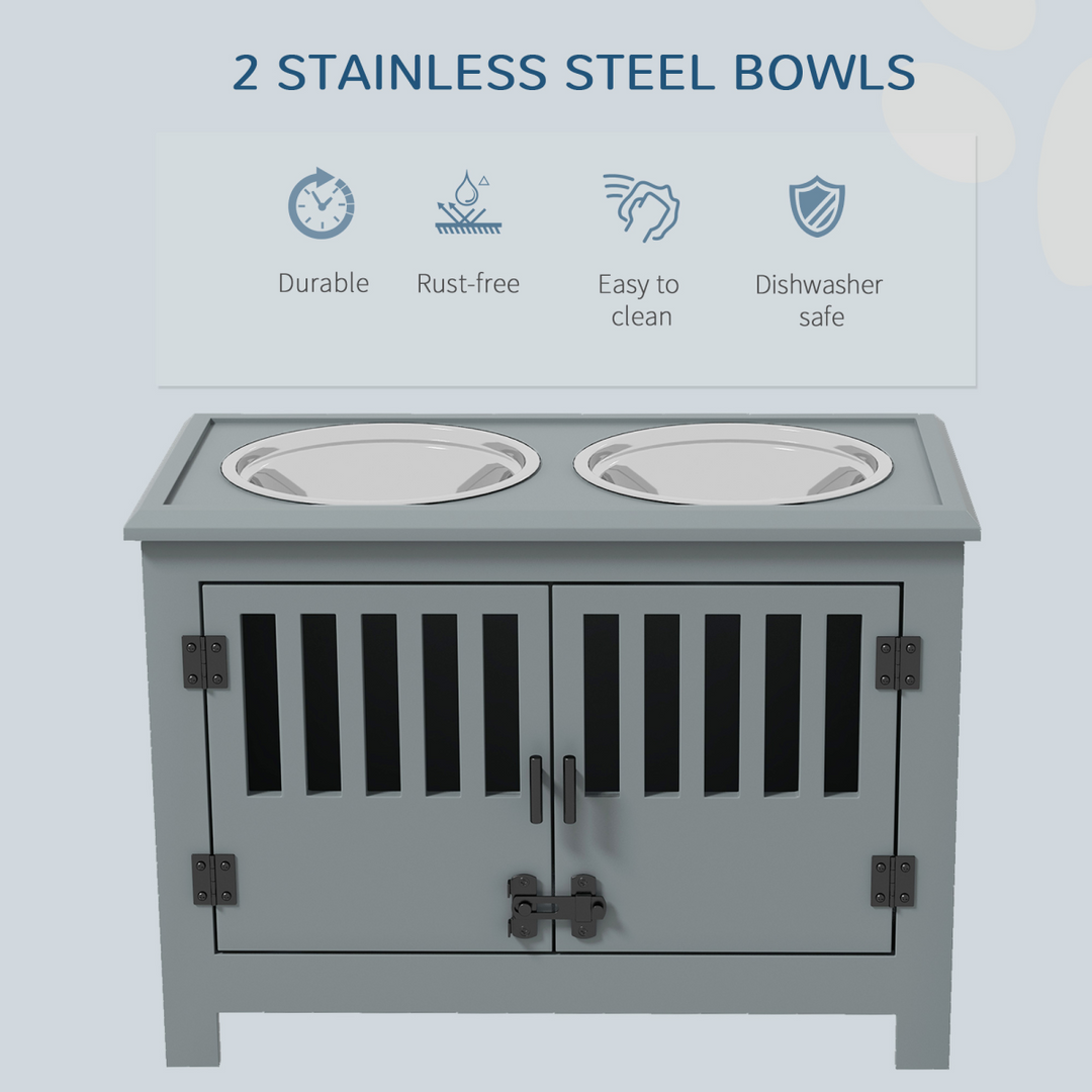 PawHu Raised Dog Bowls Feeding Station with Storage Cabinet &amp; 2 Stainless Steel Bowls – Grey