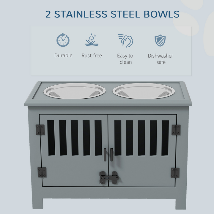 PawHu Raised Dog Bowls Feeding Station with Storage Cabinet &amp; 2 Stainless Steel Bowls – Grey