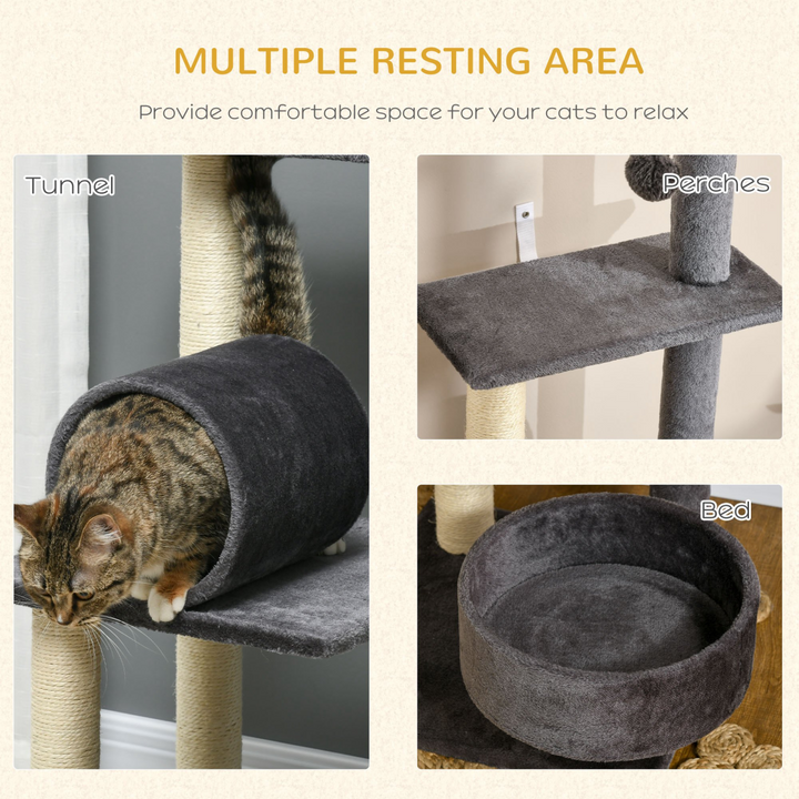 Deluxe 121cm Cat Tree Tower: Scratching Posts, Bed, Tunnel & Perch - Grey