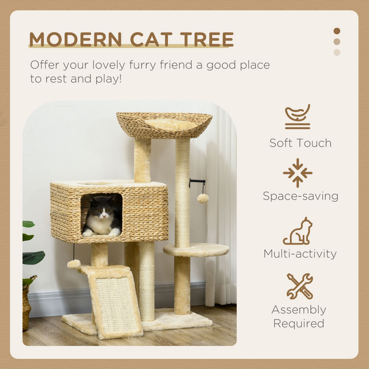 PawHut 95cm Cat Tree – Cozy Climbing Tower with Scratching Post & Play Ball (Beige)