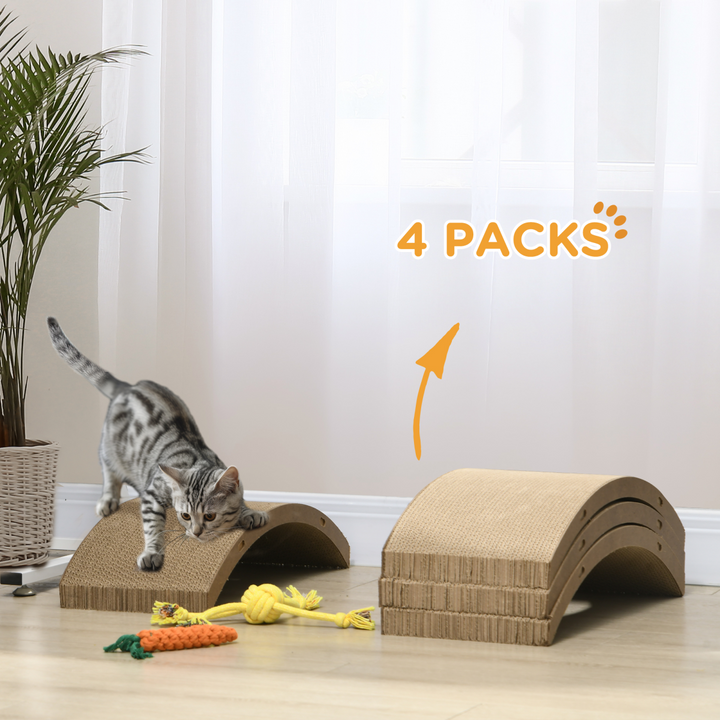 PawHut 4-Piece Reversible Cat Scratch Pads – Curved Cardboard Cat Scratcher Set for Play, Exercise & Treadmill Replacement