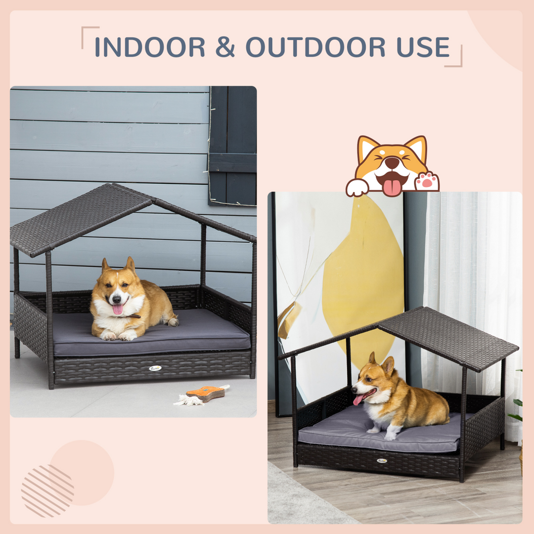 PawHut Wicker Dog House, Rattan Pet Bed with Soft Cushion, Cat Basket - Grey