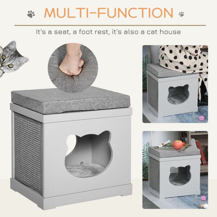PawHut Cat House Bed with Cushion & Sisal Scratching Pads – Grey Indoor Cat Cube