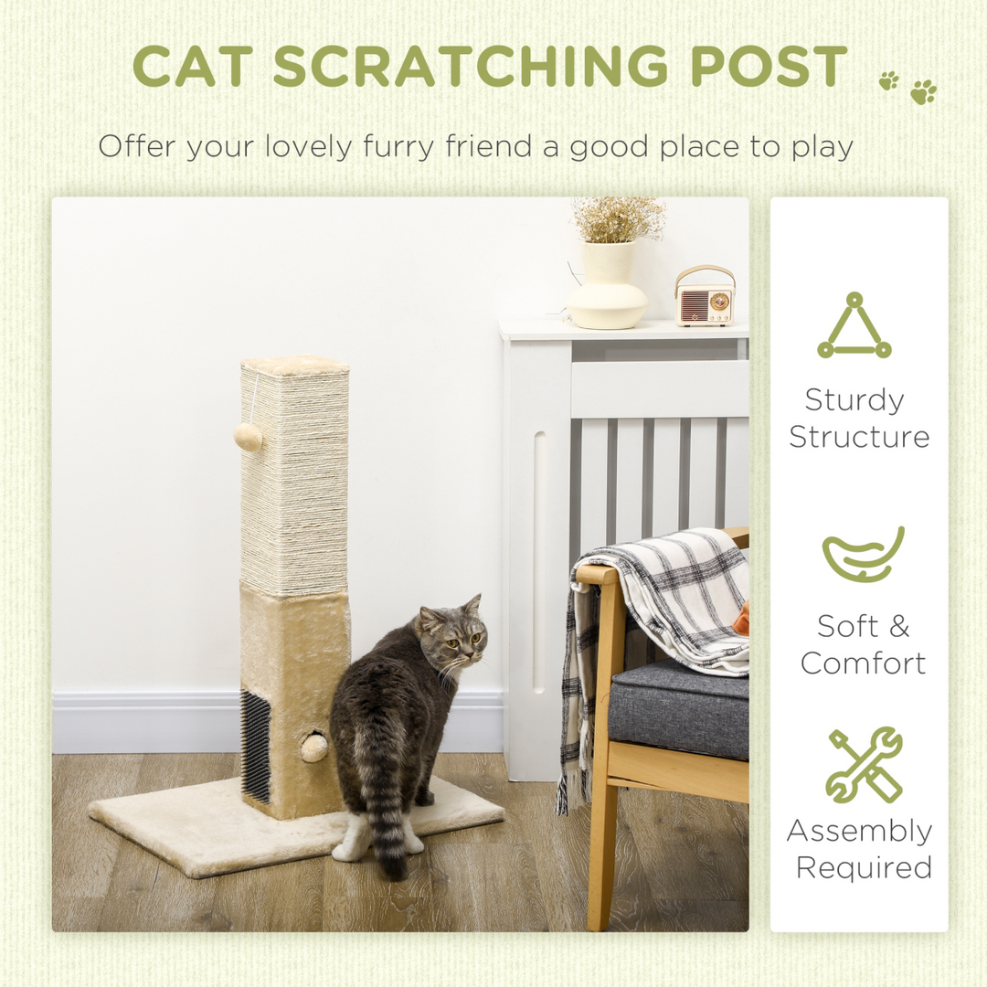 PawHut Premium Cat Scratching Post with Plush Base, Self-Grooming Brush & Hanging Toy – Beige Cat Climber Tower