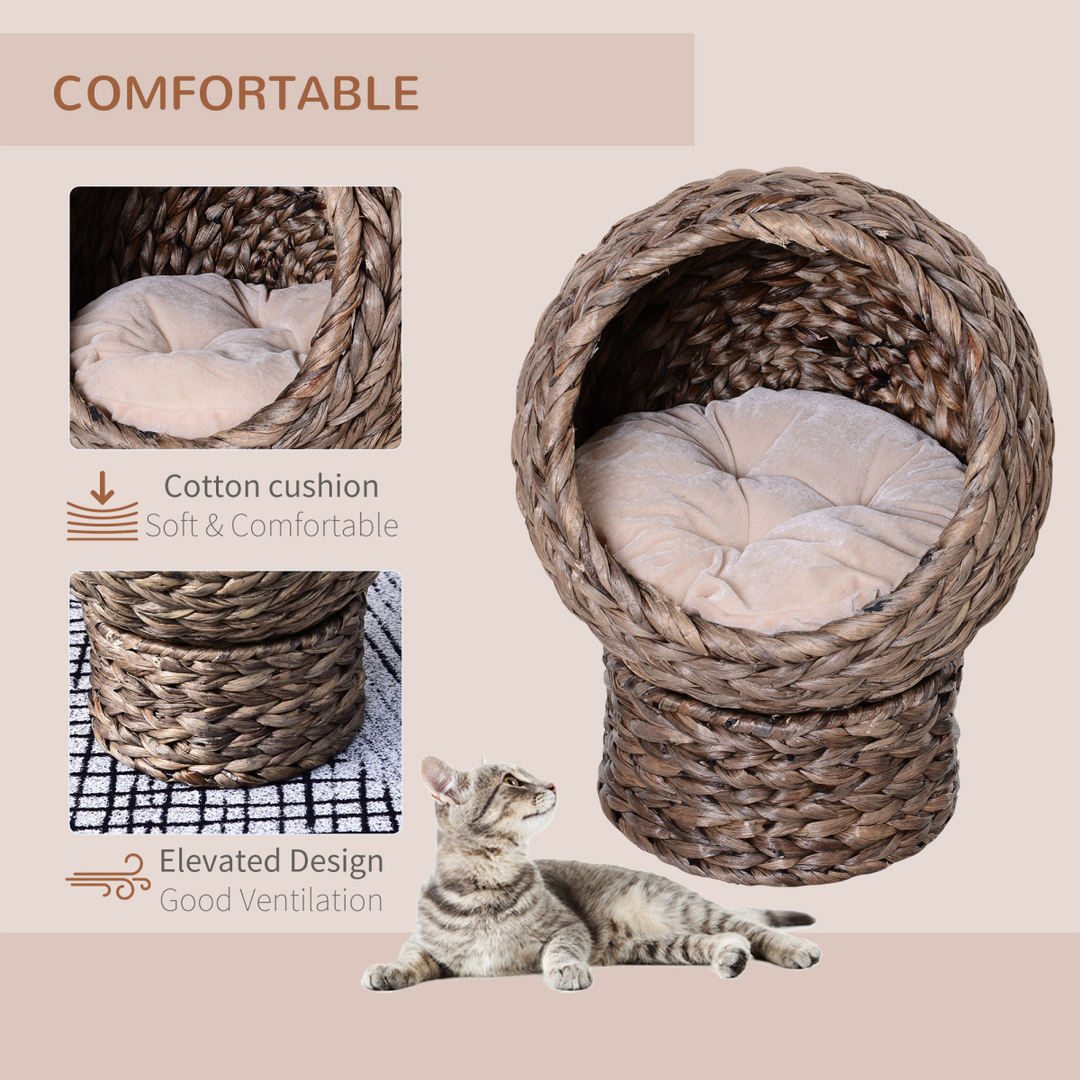 PawHut Wicker Cat House, Raised Cat Bed with Cylindrical Base – Dark Brown