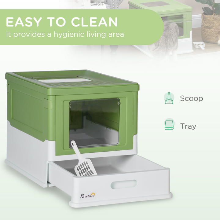 PawHut Deluxe Hooded Cat Litter Box with Top Exit, Removable Tray &amp; Scoop – Lime Green &amp; White.