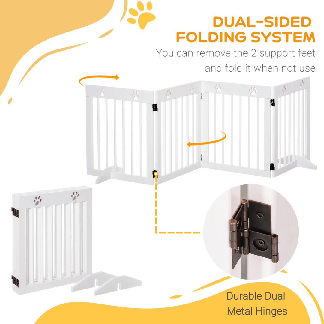 Freestanding Pet Gate 4 Panel Folding Wooden Dog Barrier w/ Support Feet