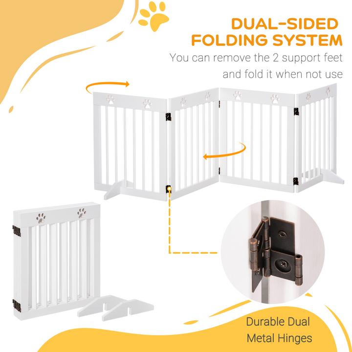 Freestanding Pet Gate 4 Panel Folding Wooden Dog Barrier w/ Support Feet