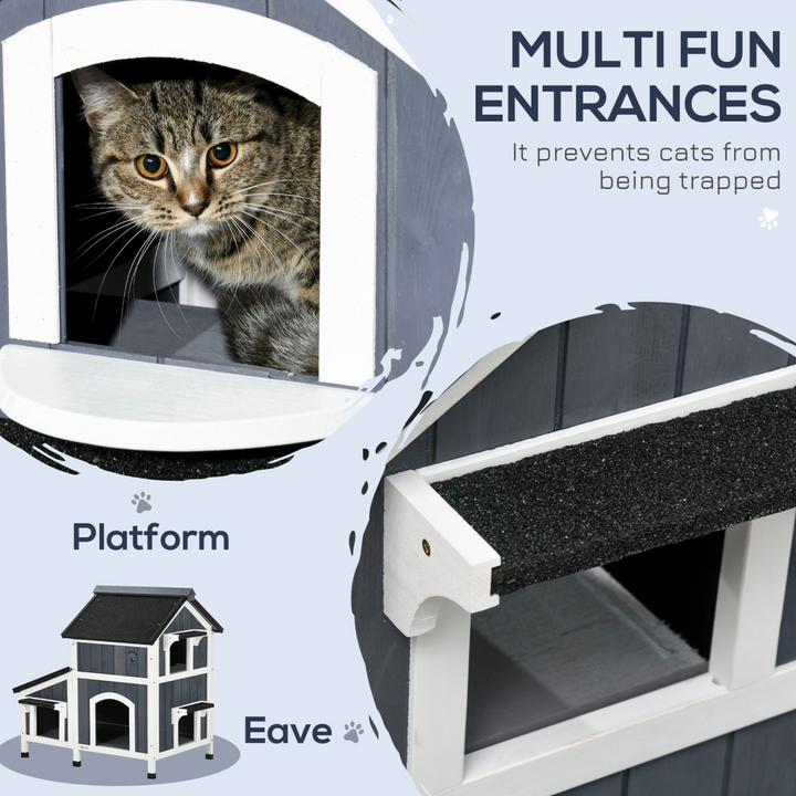 PawHut Wooden Outdoor Cat House with Flower Pot, Window &amp; Multiple Entrances – Grey