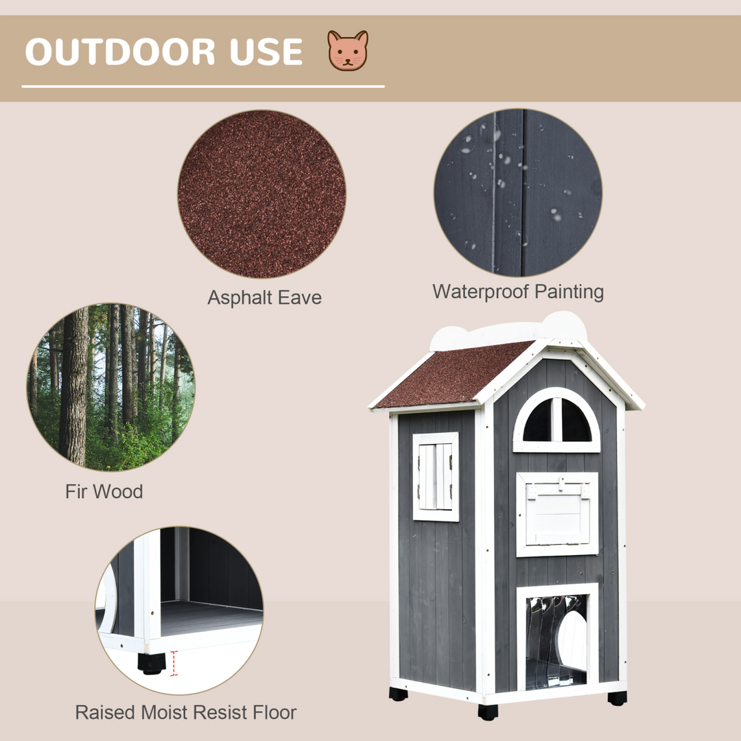 Solid Wood Cat Condo Furniture 2-Floor Pet Shelter, Grey and White, 109H cm