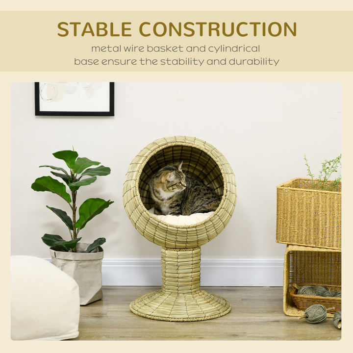 PawHut Raised Cat House with Cushion – Wicker Elevated Cat Bed with Detachable Nest